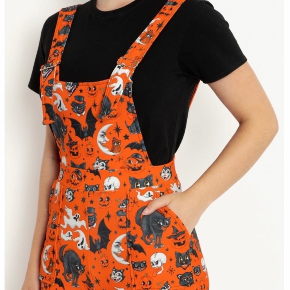 BlackMilk Halloween Short Overalls Orange Spooky Print Cats Ghosts Size M